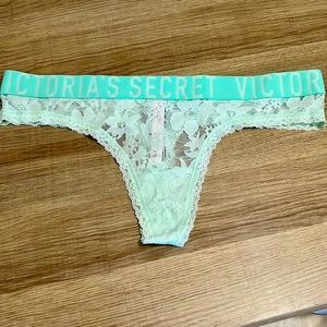 NWT Victorias Secret, The Lacie Thong with Logo Waistband, Mint/Teal, Large